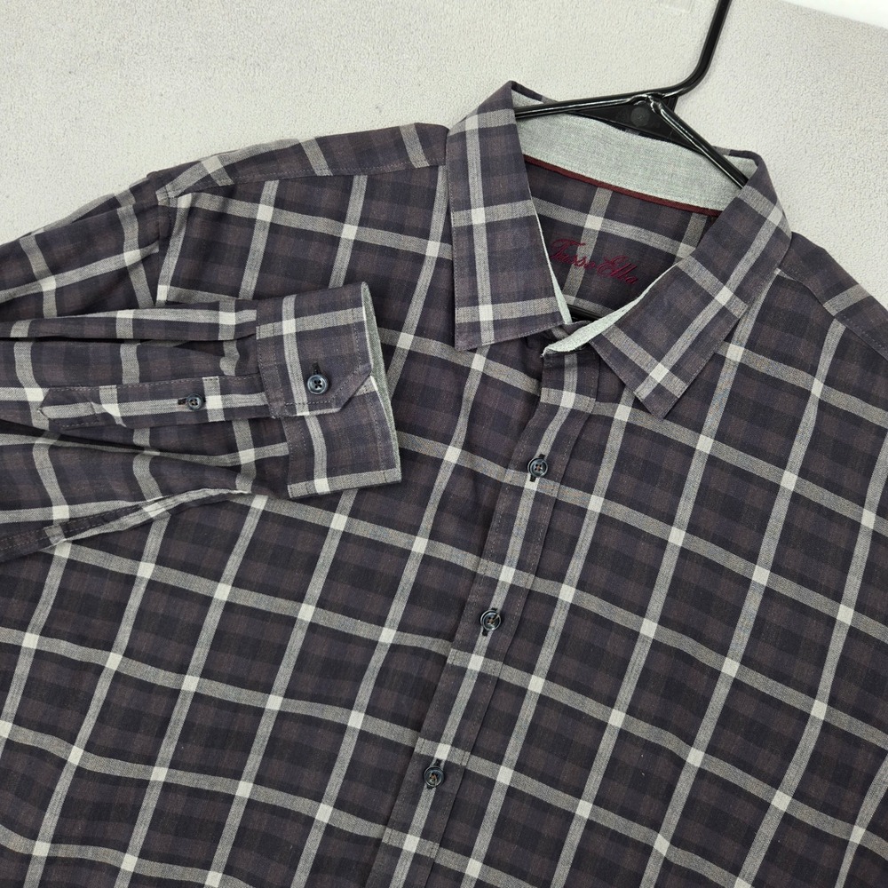 Tasso Elba Mens XXL Grey Plaid Long Sleeve Button Up Shirt Dark Academia